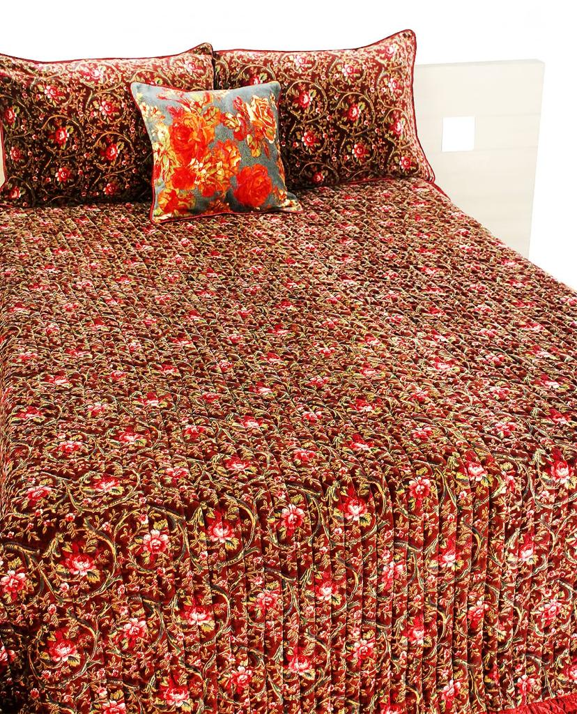 Maroon Floral Printed Velvet Bed Cover